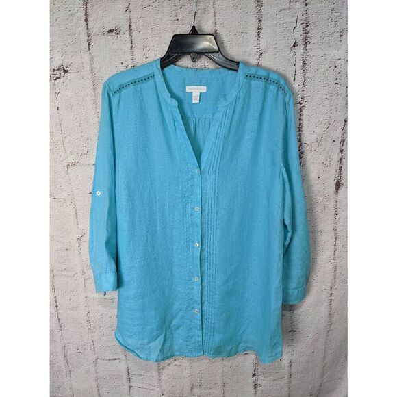 Charter Club Blue 100% Linen Button Up Roll Tab Blouse Sz L Large Pintuck Pleats - Picture 1 of 6